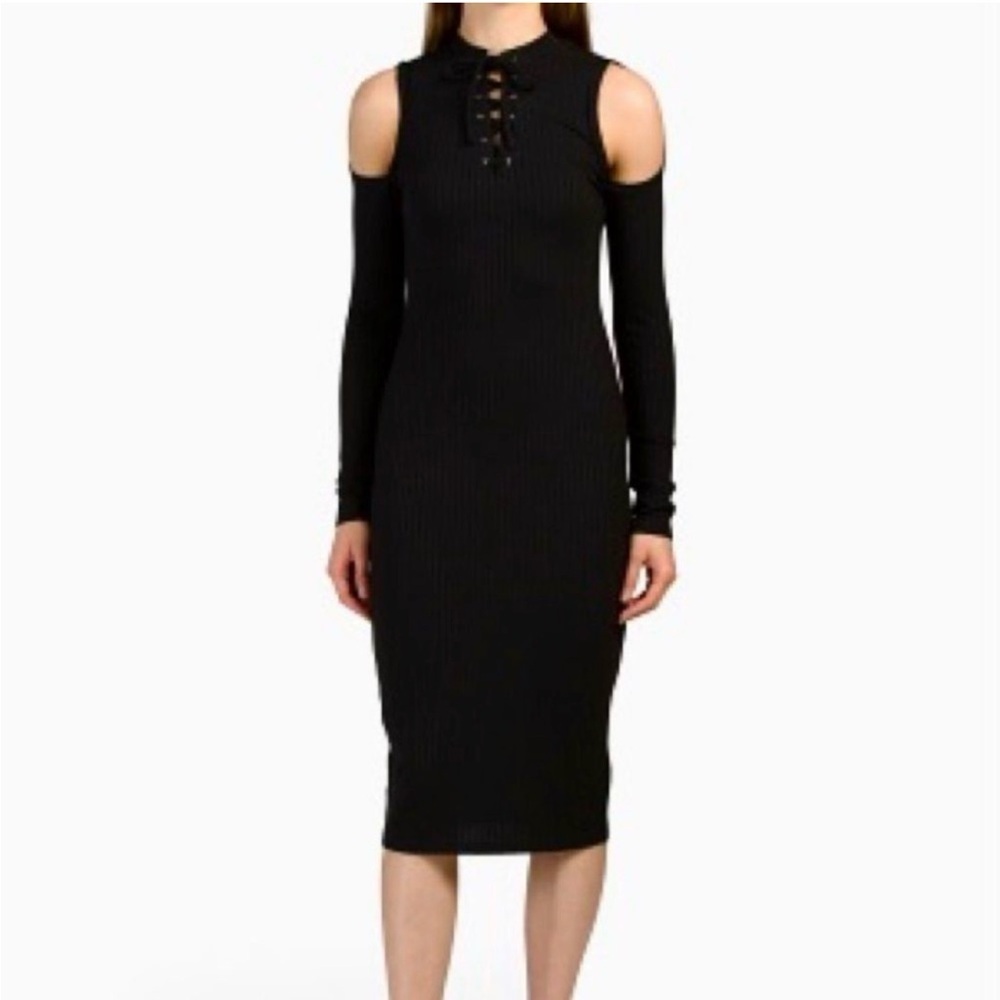Avec Les Filles Ribbed Lace Front Cold Shoulder Midi Dress Sz medium
